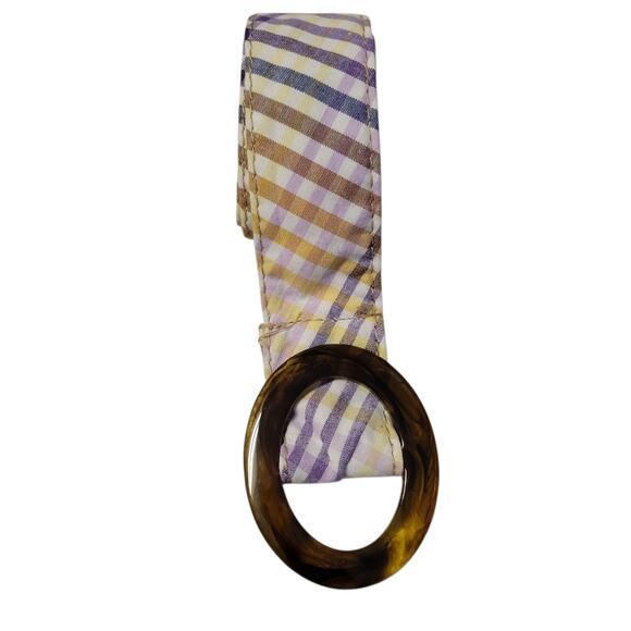 Plaid Fabric Belt Tortoiseshell Oval Buckle Preppy Academia Cottage Size 42 inch - Picture 2 of 5